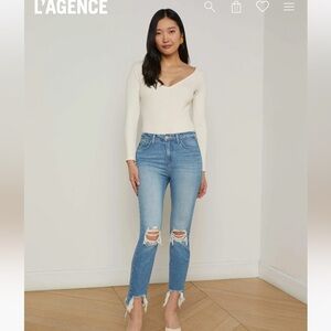 L’AGENCE High Rise Distressed Cotton Skinny Jeans | Size 28